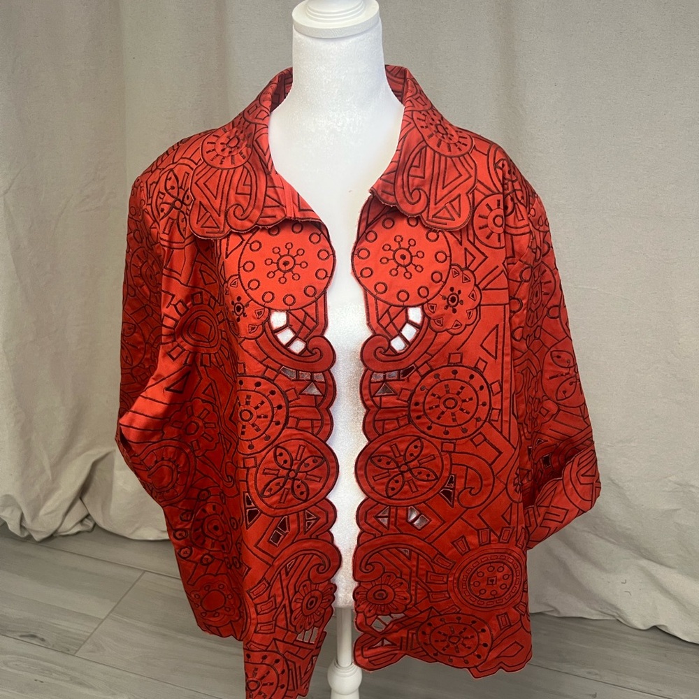 Scott Taylor Women's‎ Embroidered Cut-Work Open-Front Orange/Red Jacket  Sz 3X